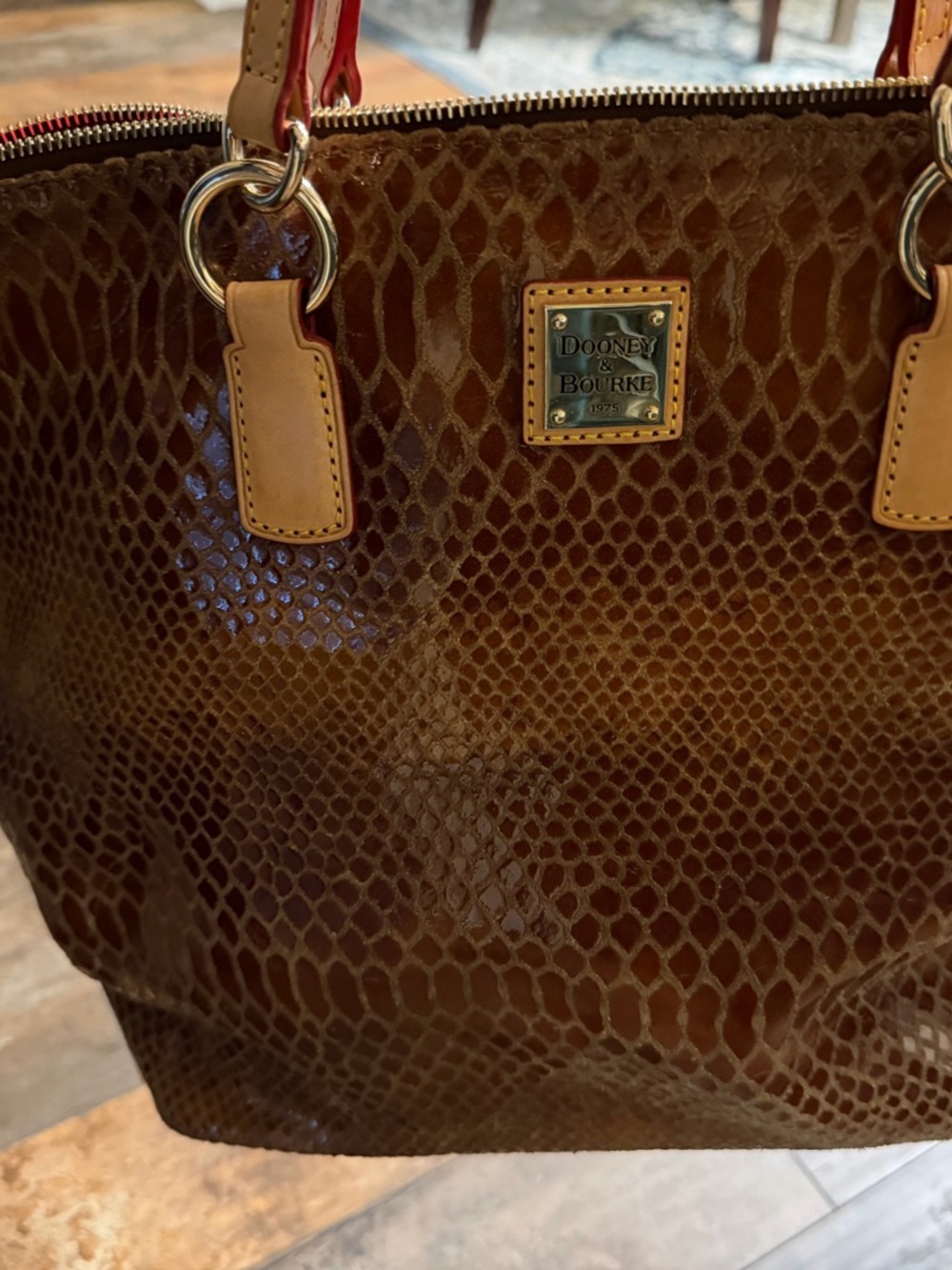 Dooney & Bourke Brown Snake-Embossed Tote with Tan Trim